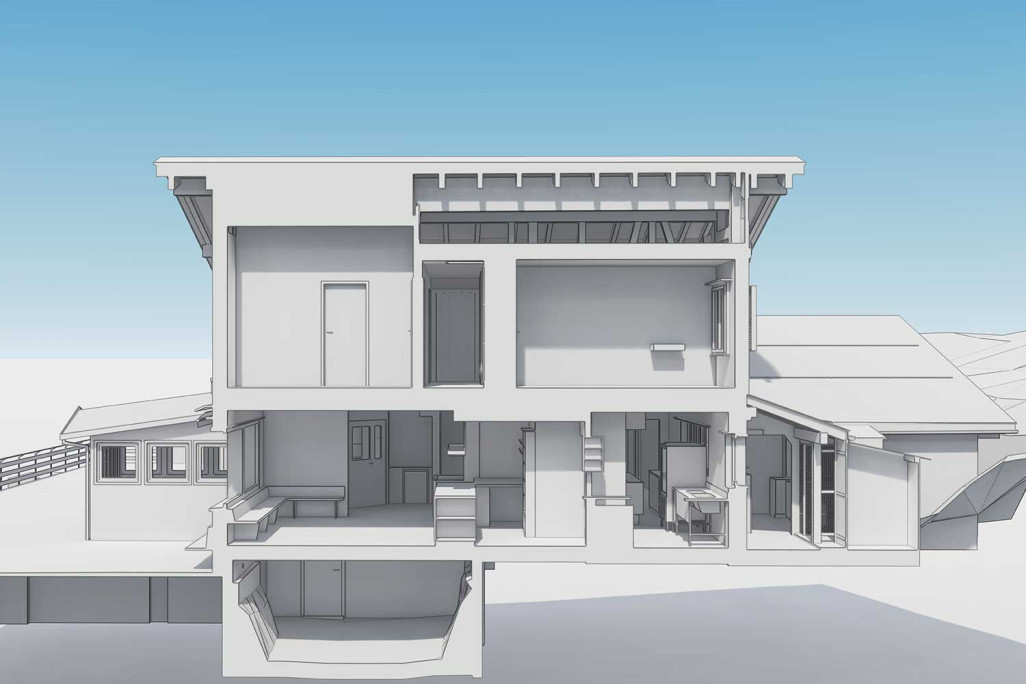 Coupe 3D après relevé du bâtiment du restaurant d'altitude Foppa à Flims, HMQ AG