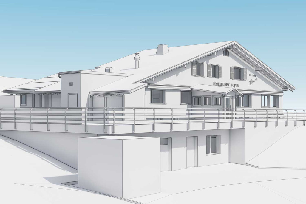 Restaurant de montagne Foppa à Flims sous forme de jumeau numérique en 3D, HMQ AG