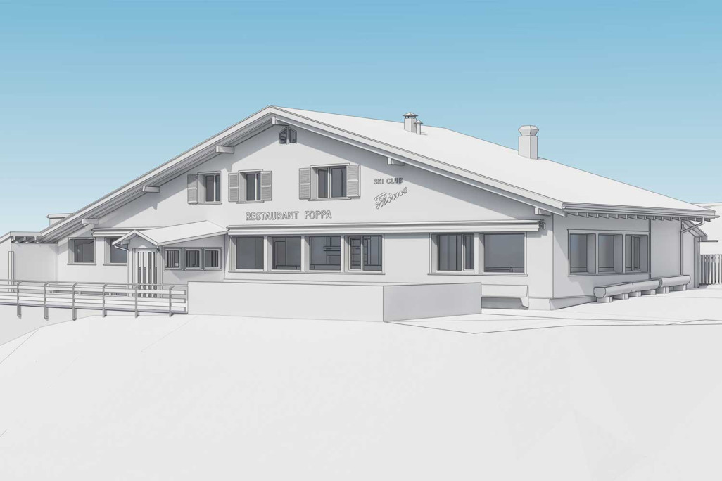 De la mesure du bâtiment au modèle 3D compatible BIM, restaurant d'altitude Foppa à Flims, HMQ AG