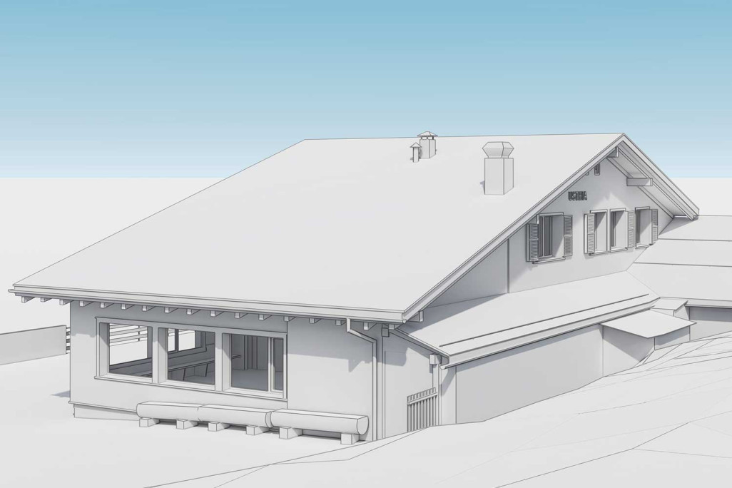 Mesure et modélisation 3D avec ArchiCAD du restaurant d'altitude Foppa à Flims, HMQ AG