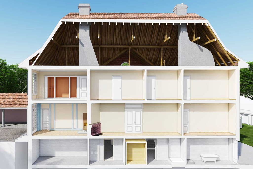 Coupe à travers le modèle BIM 3D d'une villa à Kastanienbaum, HMQ AG
