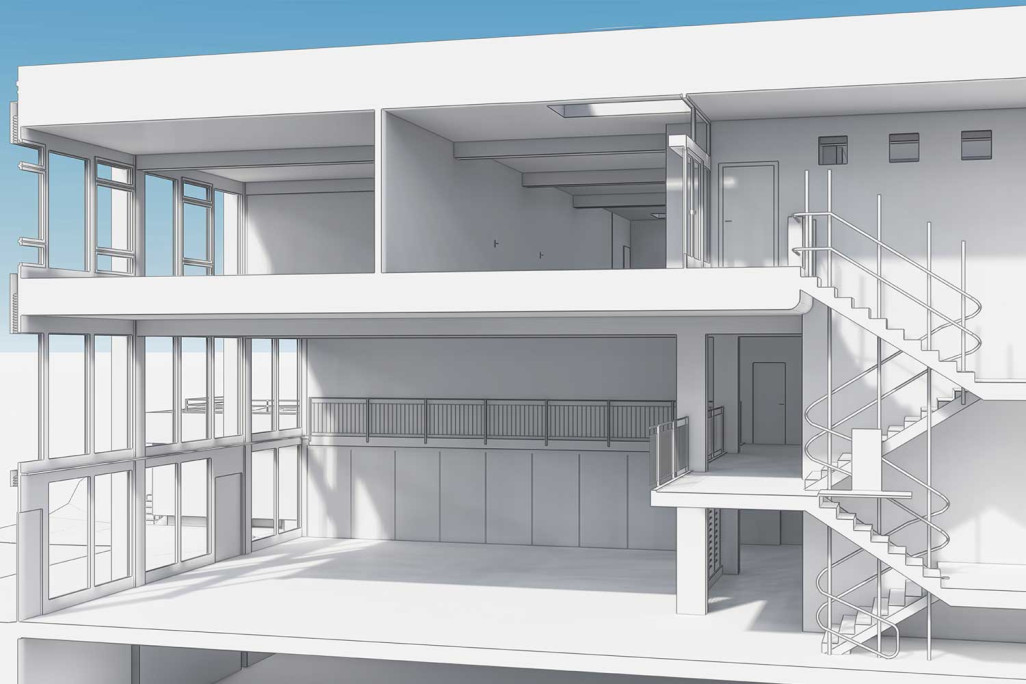 Coupe à travers le modèle BIM 3D de l'école de Fischbach-Göslikon, HMQ AG