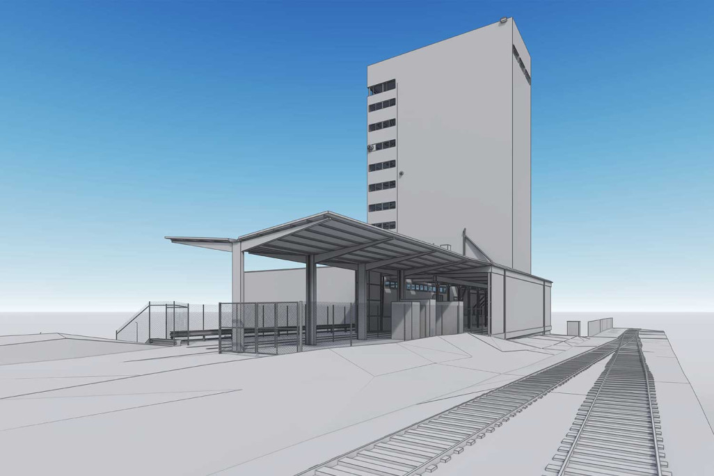 Modélisation 3D de la voie ferrée, du silo et de l'abri, site Landi à Gelterkinden, HMQ AG