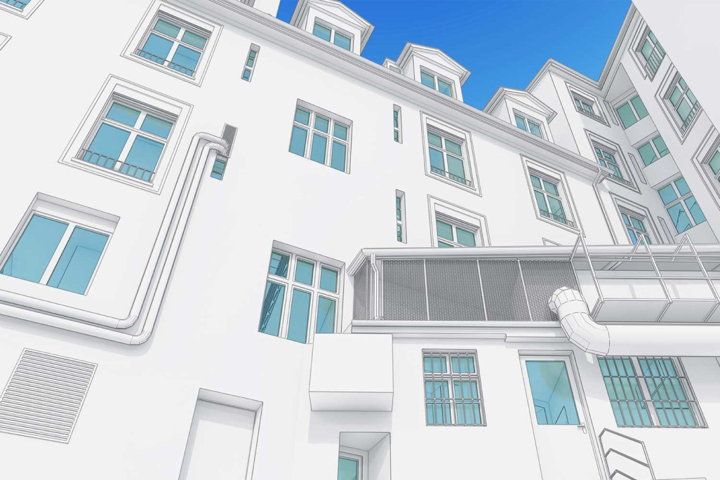 Mesure du bâtiment et vue 3D d'un immeuble résidentiel et commercial à Zurich, HMQ AG