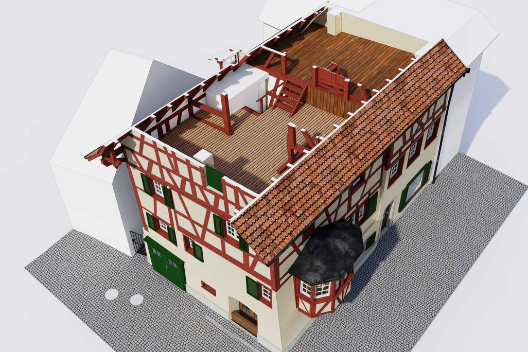 Construction de toiture en 3D d'une maison à colombages à Stein am Rhein, HMQ AG