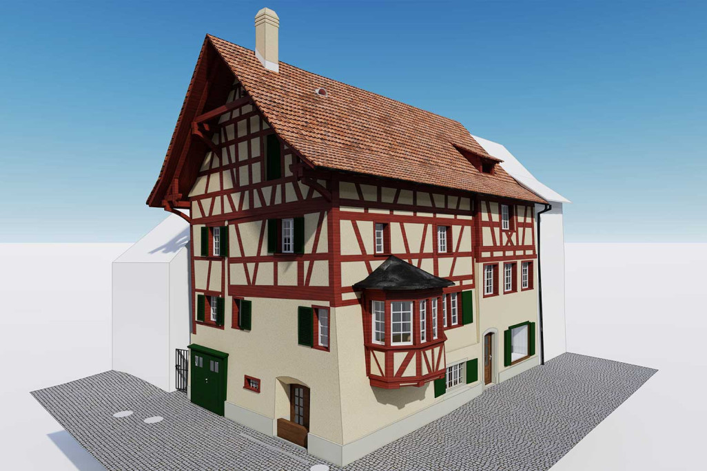 Mesure du bâtiment et modélisation 3D d'une maison à colombages à Stein am Rhein, HMQ AG