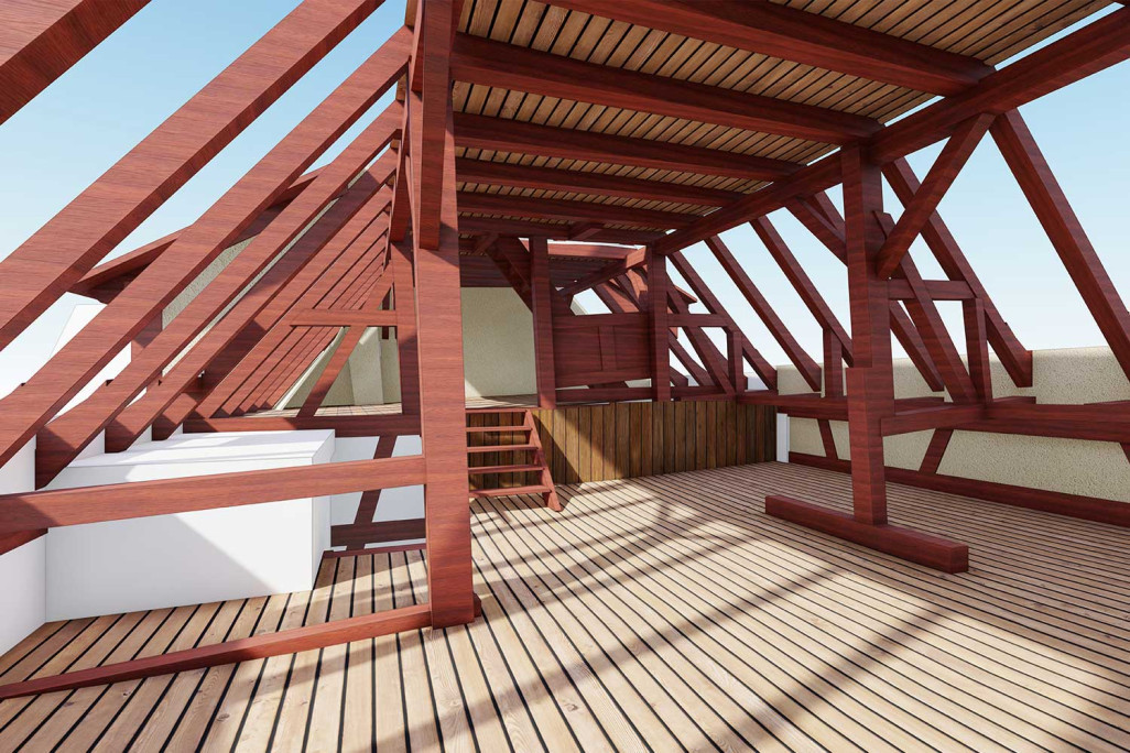 Modèle 3D réalisé à partir du relevé d'une maison à colombages à Stein am Rhein, HMQ AG