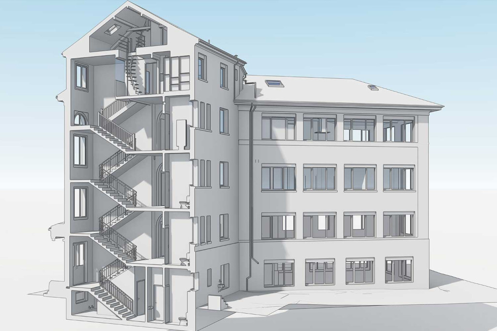 Coupe à travers le modèle 3D d'un immeuble résidentiel et commercial à Bienne, HMQ AG