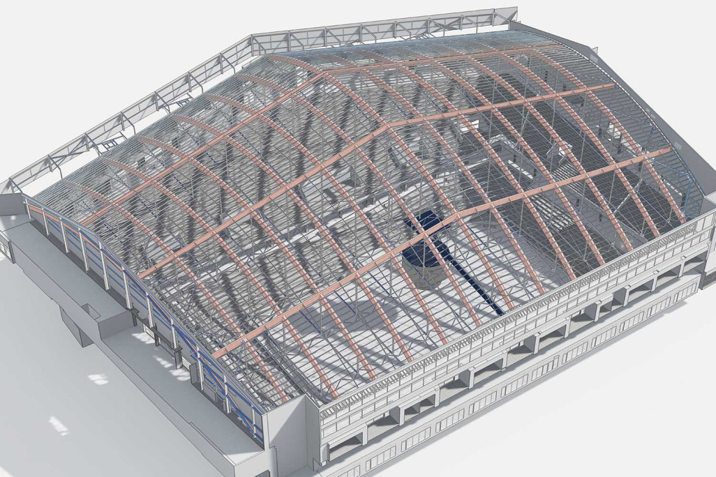 Berne BE, PostFinance-Arena, construction de toiture en 3D, HMQ AG