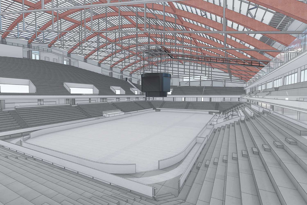 Berne BE, PostFinance Arena, modèle 3D de la patinoire, HMQ AG