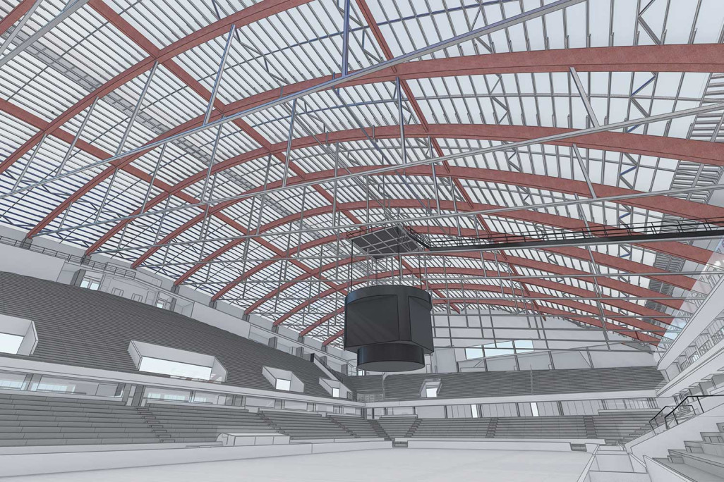 Berne BE, PostFinance-Arena, modèle 3D issu d'un relevé du bâtiment, HMQ AG