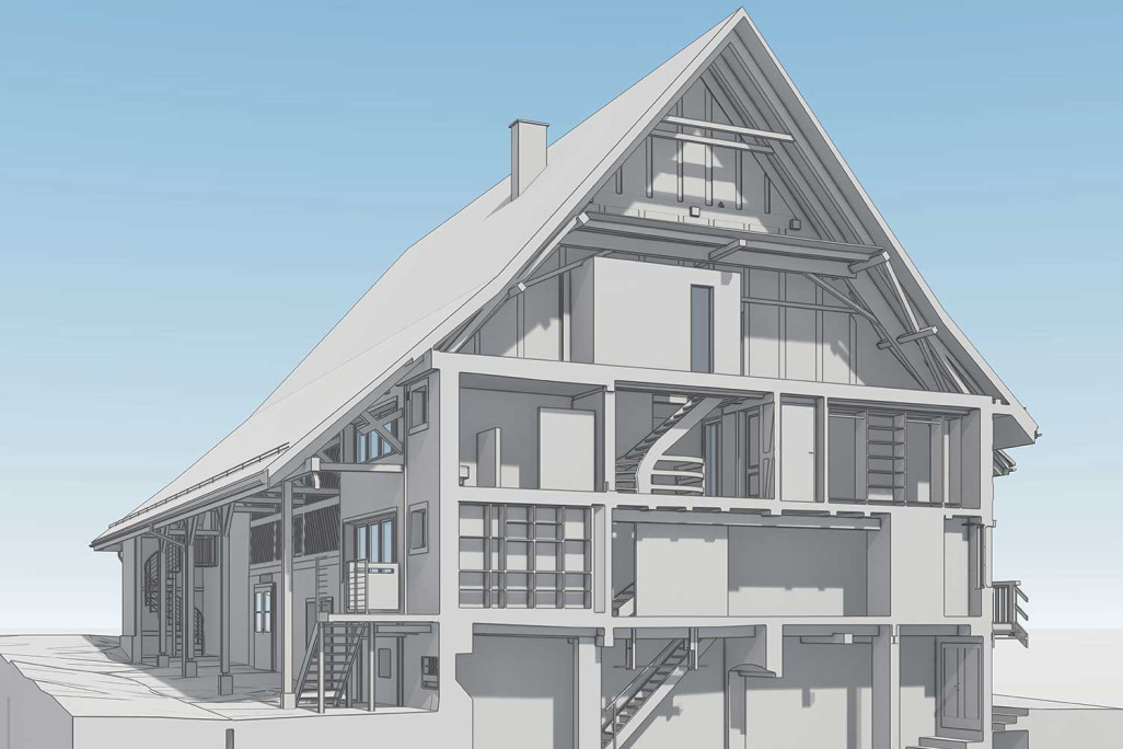 Coupe à travers le modèle 3D d'une ferme avec grange à Kappel am Albis, HMQ AG