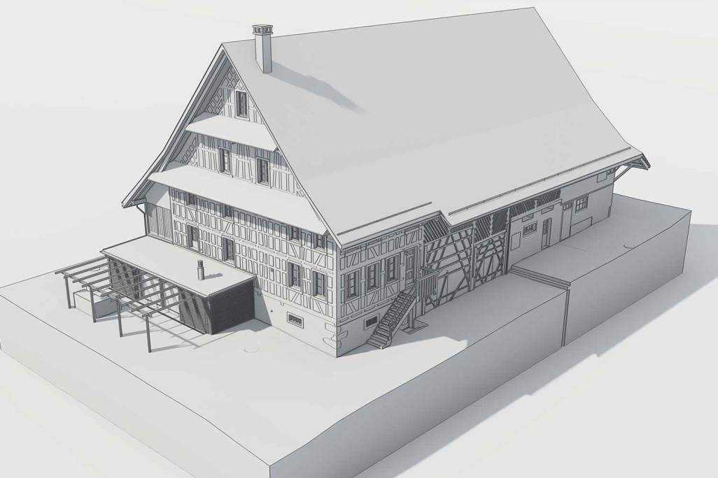 Relevé de bâtiment avec numérisation laser 3D d'une ferme avec grange à Kappel am Albis, HMQ AG