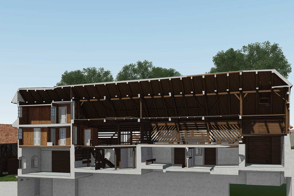 Coupe 3D à travers les bâtiments agricoles du Mittlerer Feldi à Schwyz, HMQ AG