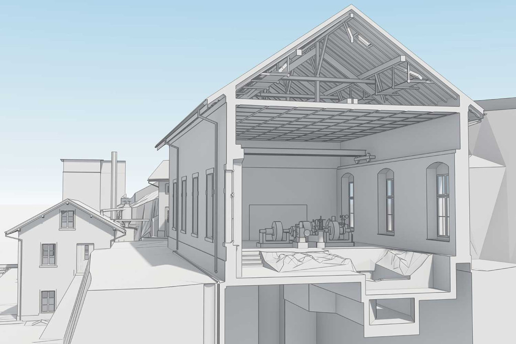 Coupe 3D à travers la salle des turbines de la centrale hydroélectrique de Flums, HMQ AG
