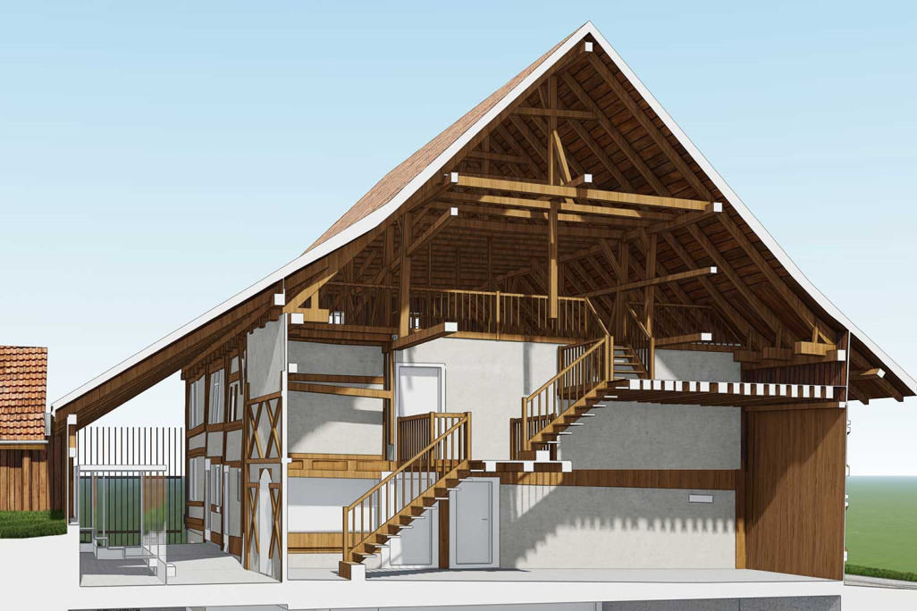 Coupe 3D à travers la maison du vigneron, musée local à Höngg, HMQ AG