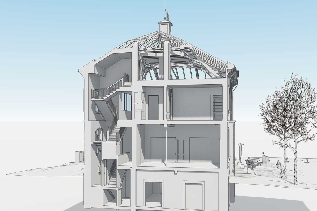 Coupe à travers le modèle BIM 3D de l'école de Salenstein, HMQ AG