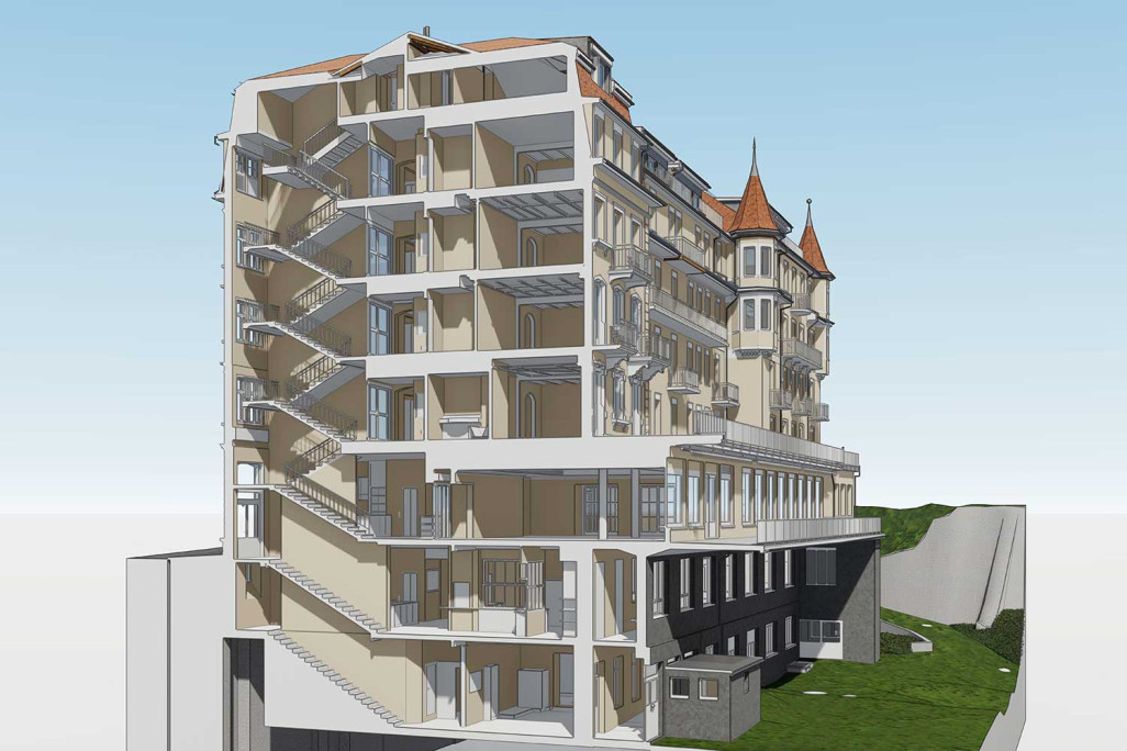 Coupe à travers le modèle 3D de l'hôtel Regina à Grindelwald, HMQ AG