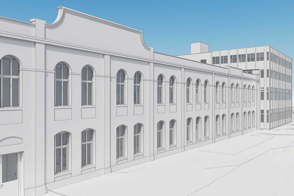 Façade 3D après mesure architecturale d'un bâtiment industriel à Wetzikon, HMQ AG