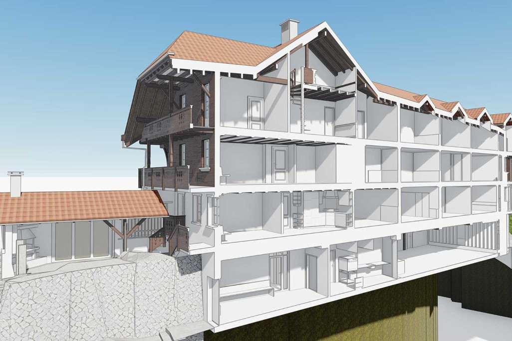 Zäziwil, hôtel Appenberg, relevé du bâtiment en coupe longitudinale 3D, HMQ AG