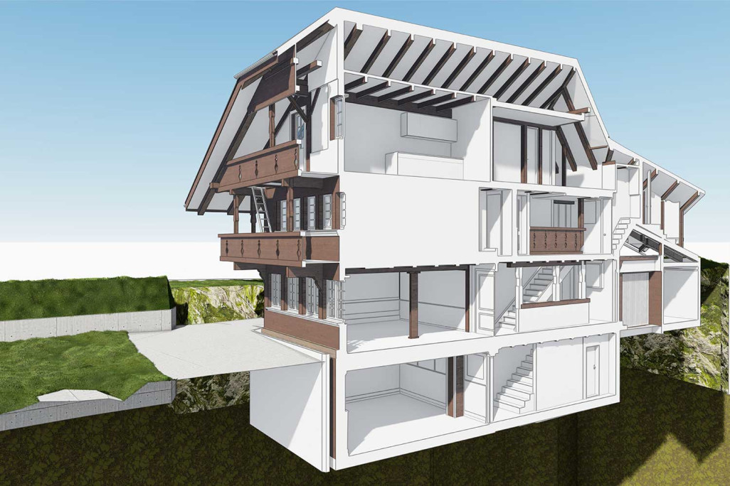 Zäziwil, hôtel Appenberg, relevé du bâtiment, coupe transversale en 3D, HMQ AG