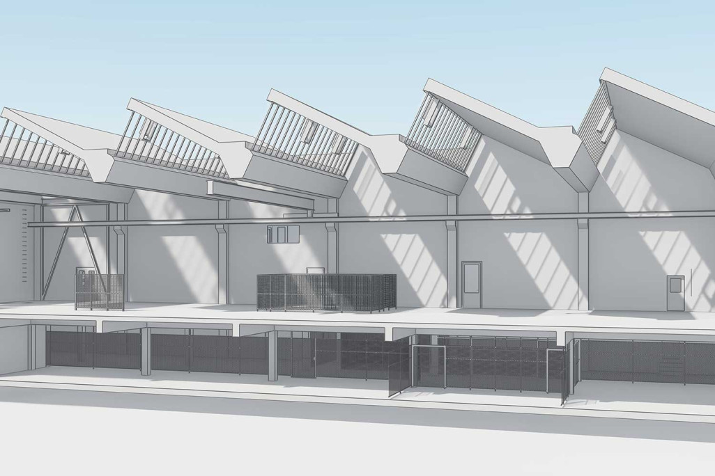 Coupe à travers le modèle 3D d'un bâtiment industriel à Saint-Gall, HMQ AG