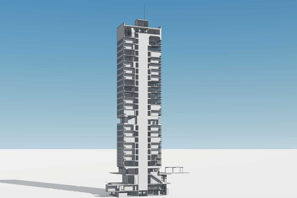 Coupe à travers le modèle 3D de la tour Telli à Aarau, HMQ AG