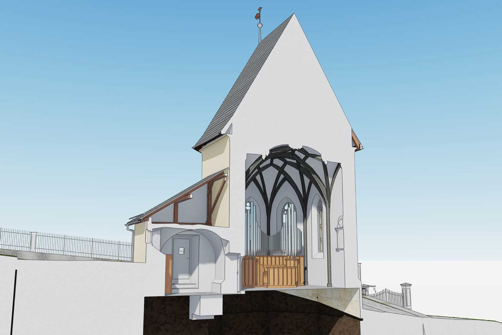 Coupe à travers le modèle 3D de l'église Saint-Martin à Flims, HMQ AG