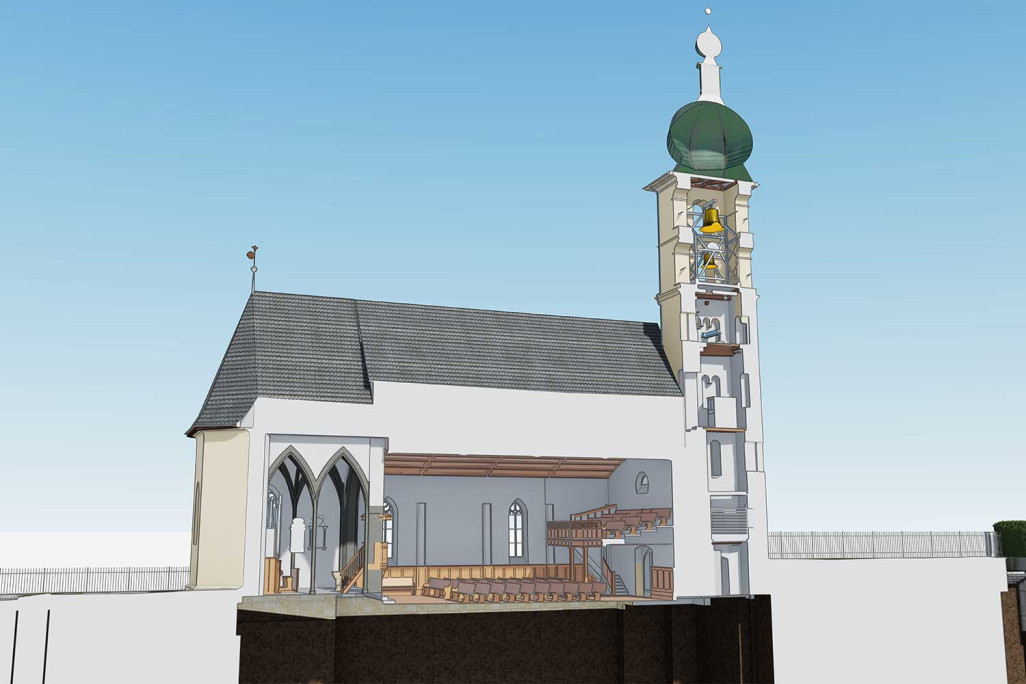 Coupe 3D du clocher de l'église Saint-Martin à Flims, HMQ AG