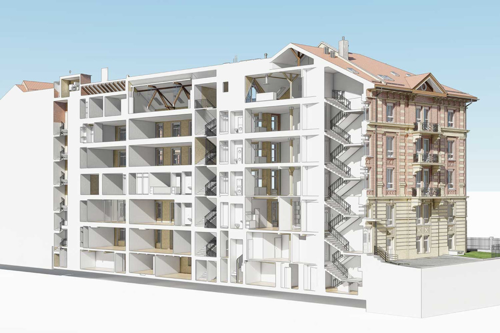 Saint-Gall, immeuble résidentiel et commercial, relevé du bâtiment en coupe longitudinale 3D, HMQ AG