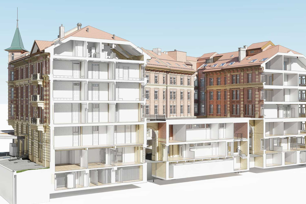 Saint-Gall, immeuble résidentiel et commercial, relevé du bâtiment en coupe 3D, HMQ AG