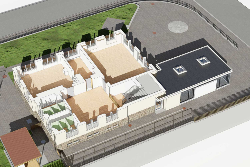 Plan 3D issu du modèle 3D de l'école de Rüthi, HMQ AG