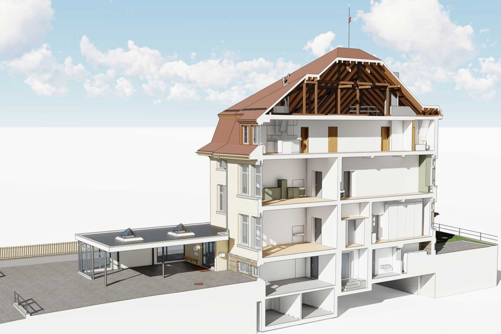 Coupe à travers le modèle 3D de l'école de Rüthi, HMQ AG