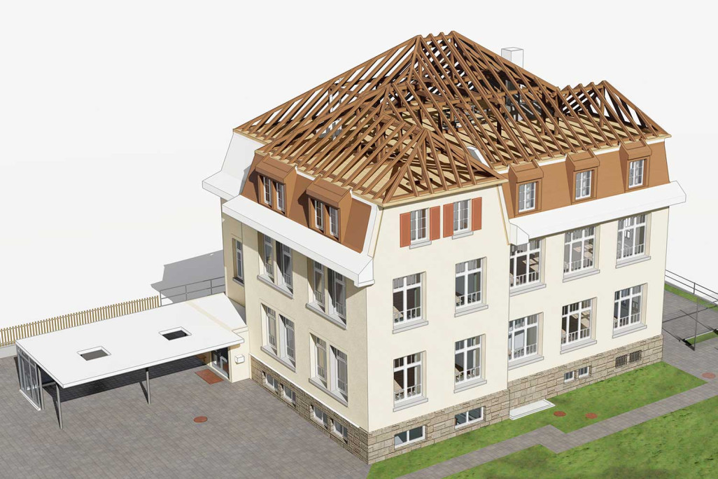 Structure du toit du modèle 3D de l'école de Rüthi, HMQ AG