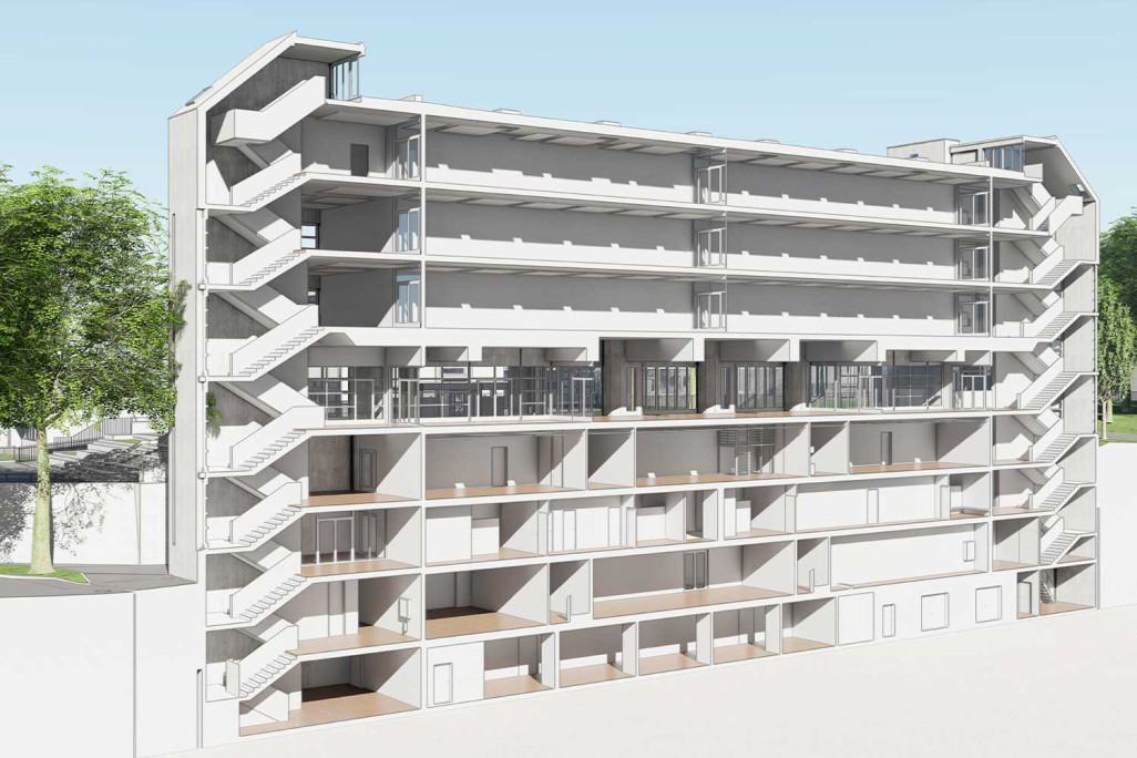 Coupe à travers le modèle 3D du complexe scolaire Tscharnergut à Berne, HMQ AG