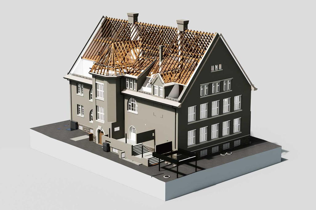 Structure du toit du modèle 3D de l'ancienne école de Meilen, HMQ AG