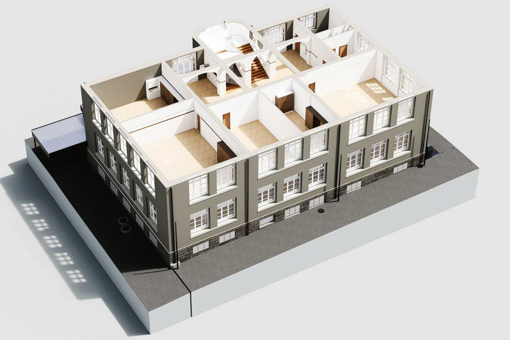 Plan 3D issu du modèle 3D de l'ancienne école de Meilen, HMQ AG