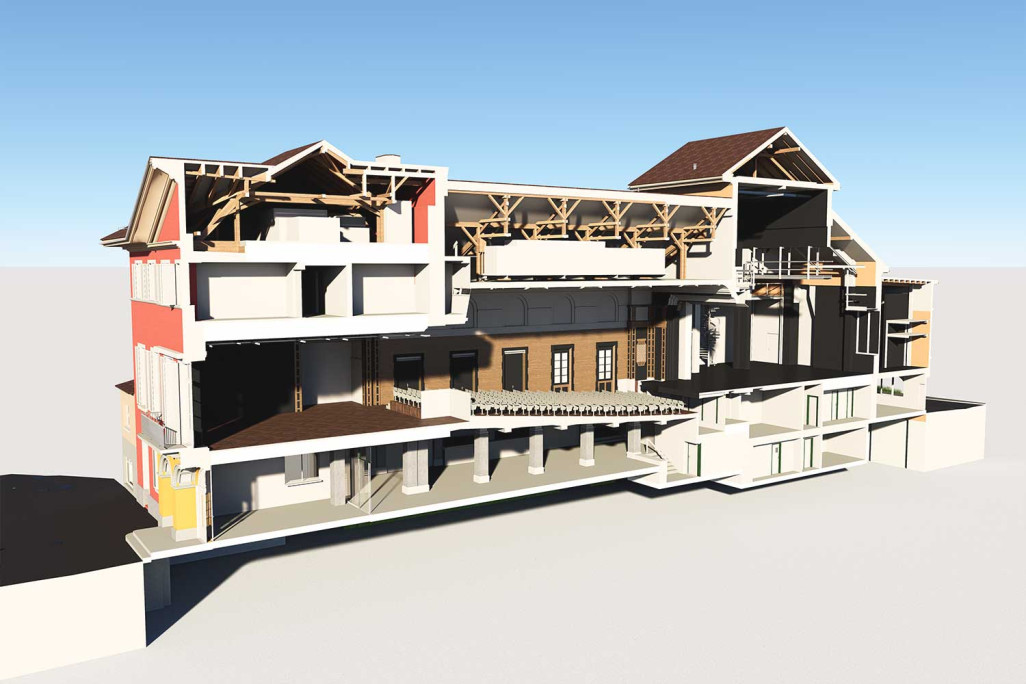 Coupe longitudinale du modèle 3D de la maison Tellspielhaus à Altdorf, dans le canton d'Uri, HMQ AG