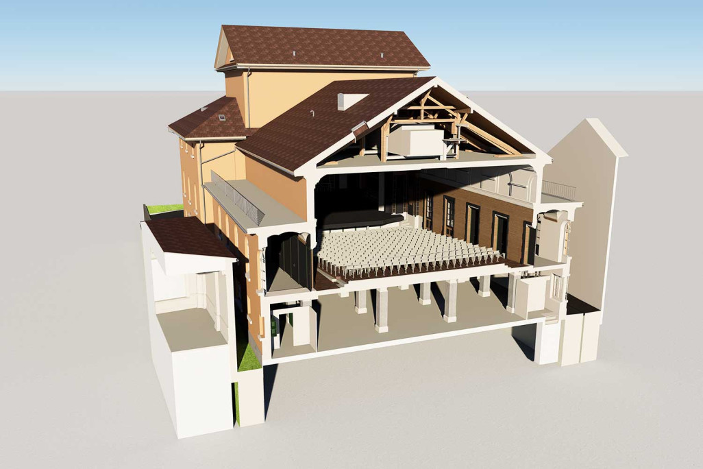 Coupe transversale du modèle 3D de la maison Tellspielhaus à Altdorf, dans le canton d'Uri, HMQ AG