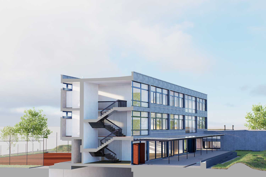 Coupe 3D à partir du modèle 3D de l'école Blumenfeld à Zuchwil, HMQ AG