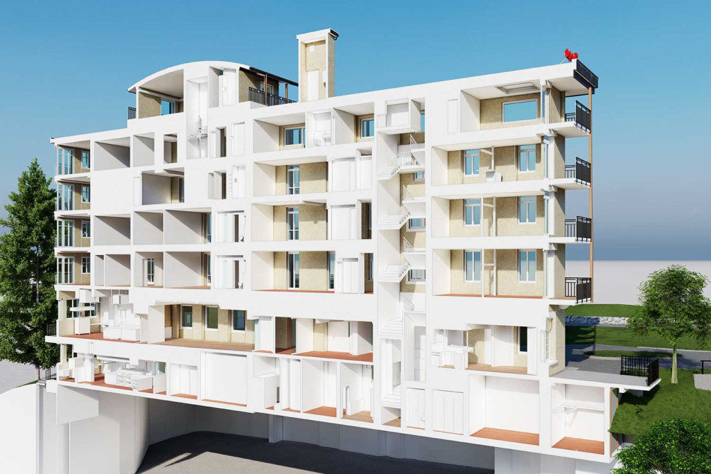 Coupe à travers le modèle 3D de l'hôtel Belvedere à Grindelwald, HMQ AG