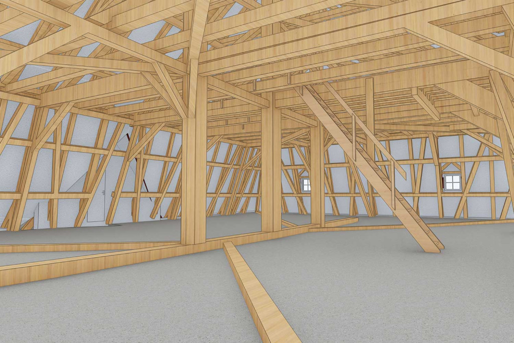 Saint-Gall, bâtiment administratif, modélisation 3D des combles à partir de relevés du bâtiment, HMQ AG