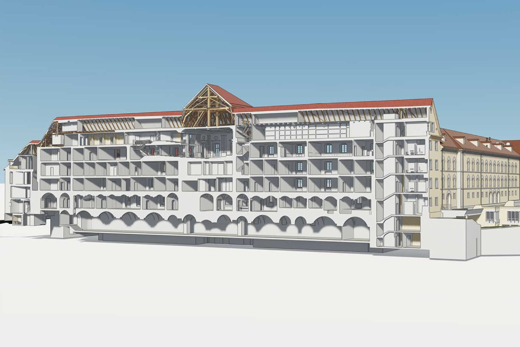 Saint-Gall, bâtiment administratif, coupe longitudinale en 3D réalisée à partir d'un relevé du bâtiment, HMQ AG
