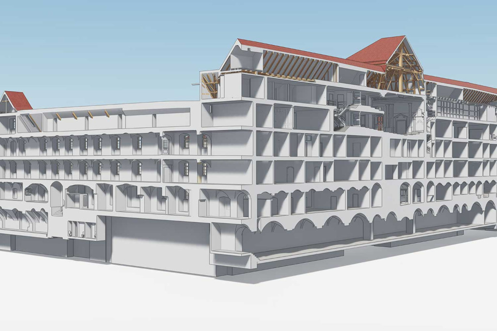 Saint-Gall, bâtiment du gouvernement, coupe 3D réalisée à partir d'une photographie du bâtiment, HMQ AG