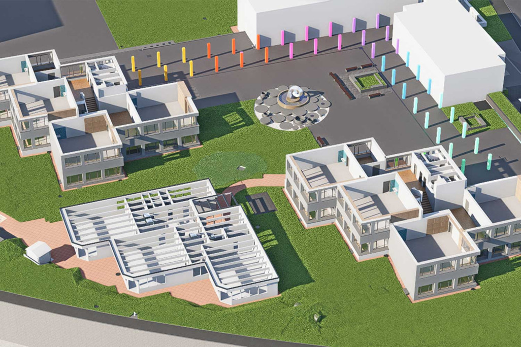 Dietikon (ZH), complexe scolaire de Luberzen, plan en 3D issu du relevé topographique du bâtiment, HMQ AG