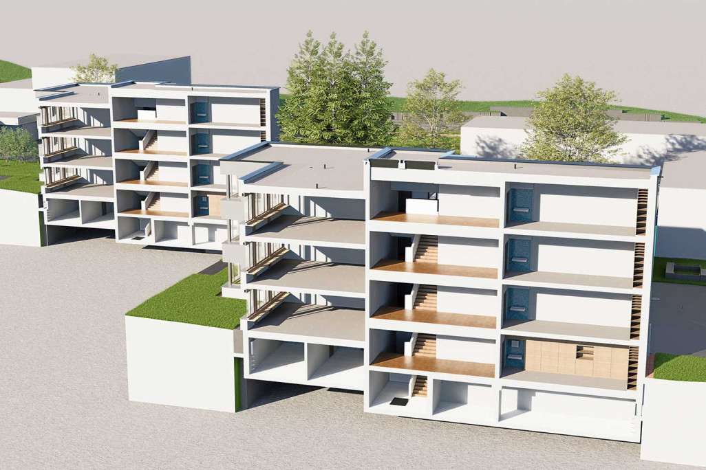 Dietikon (ZH), complexe scolaire de Luberzen, coupe longitudinale en 3D réalisée à partir d'un relevé du bâtiment, HMQ AG