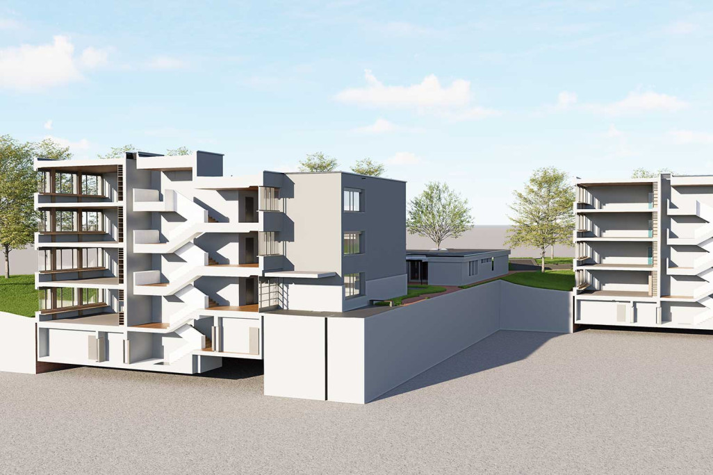 Dietikon (ZH), complexe scolaire de Luberzen, coupe transversale en 3D réalisée à partir d'un relevé du bâtiment, HMQ AG