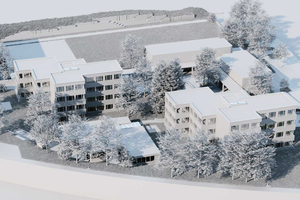 Dietikon (ZH), complexe scolaire de Luberzen, modèle 3D en blanc issu d'un relevé du bâtiment, HMQ AG