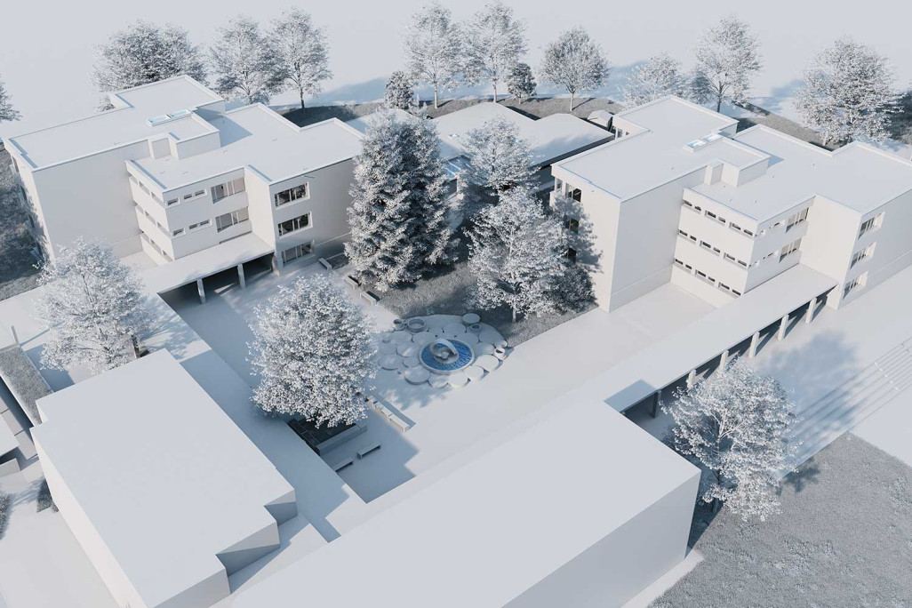 Dietikon (ZH), complexe scolaire de Luberzen, modèle 3D en blanc issu du relevé du bâtiment, HMQ AG
