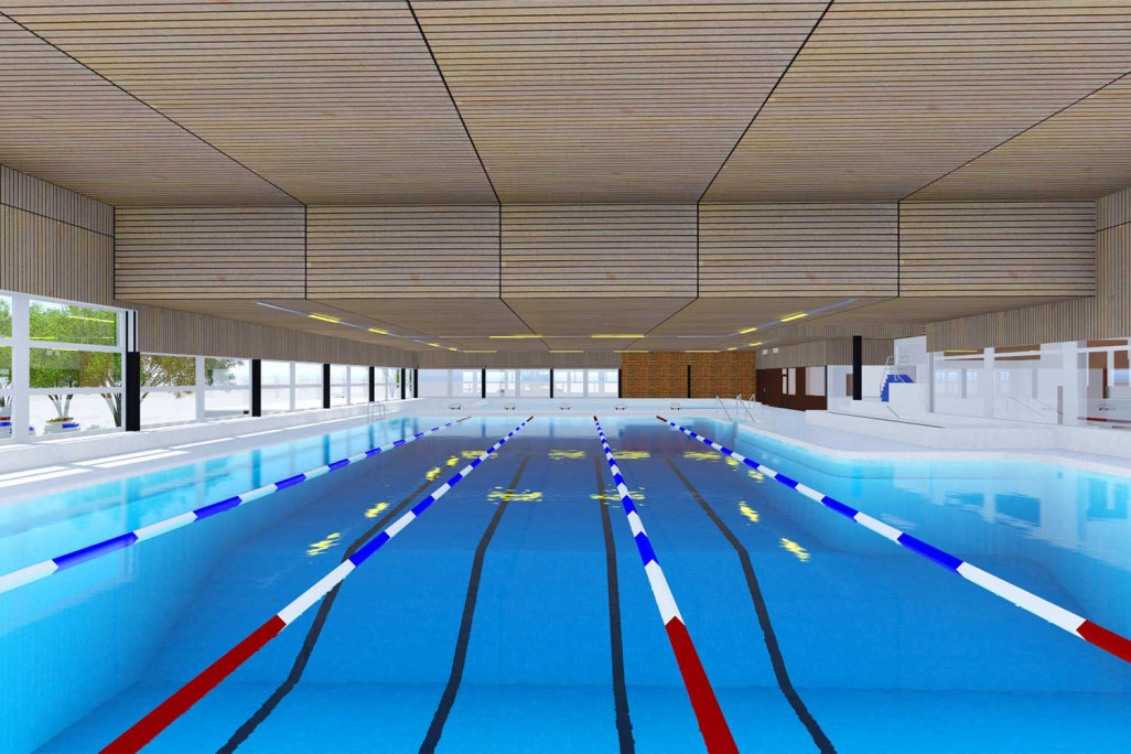 Näfels GL, centre sportif Lintharena, maquette 3D de la piscine couverte, HMQ AG